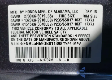 2016 Honda Odyssey Ex-L from USA, damaged, VIN 5FNRL5H69GB011398